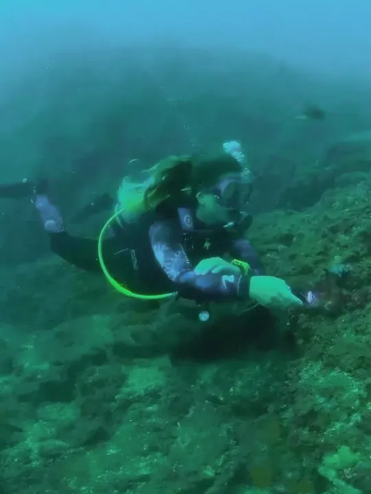 Una buceadora recorre la roca de Punta de la Mona con una linterna en la mano, en agua verde azulada.