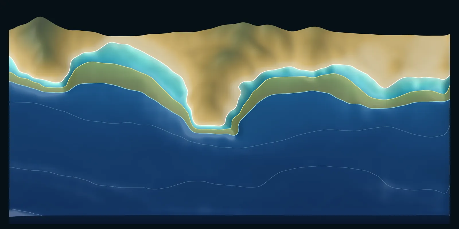Bloque en relieve de la bahía de La Herradura visto desde el mar: la sierra en ocre al fondo, la costa en una línea blanca y el fondo bajando del turquesa al azul, con la franja de 20 a 40 metros resaltada.